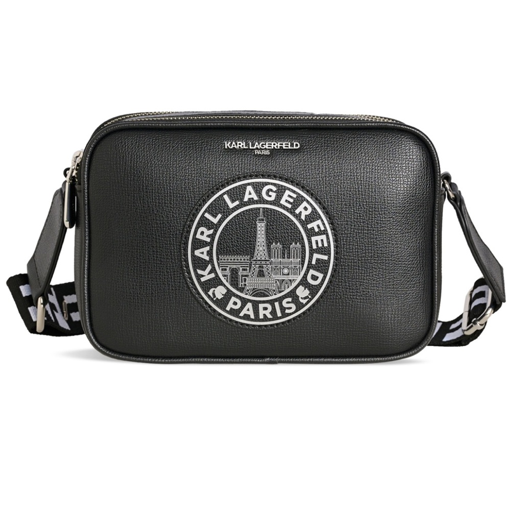 Karl Lagerfeld Paris Logo Maybelle Crossbody Guitar Strap Black Leather NWT $178